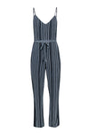 V-neck Tie Waist Waistline Pocketed Hidden Back Zipper Striped Print Sleeveless Jumpsuit
