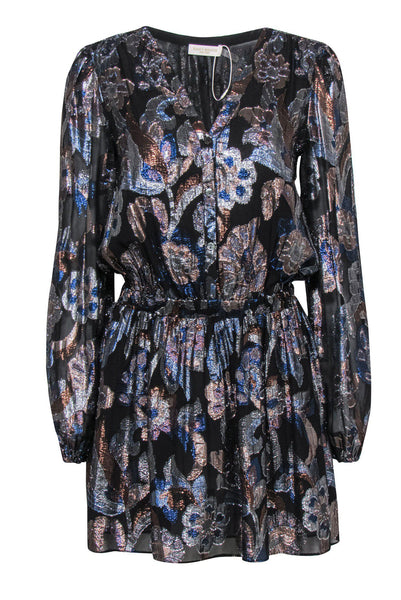 Tall V-neck Long Sleeves Fitted Button Closure Elasticized Waistline Fit-and-Flare Floral Print Cocktail Dress