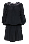 Round Neck Polyester Drawstring Mesh Trim Bell Flutter Sleeves Tunic