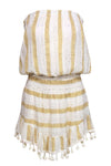 Strapless Summer Sequined Stretchy PomPom Trim Elasticized Waistline Viscose Smocked Straight Neck Striped Print Beach Dress