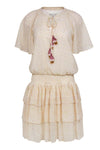 V-neck Floral Print Polyester Flutter Short Sleeves Sleeves Elasticized Waistline Smocked Sheer Fitted Dress