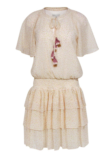 V-neck Flutter Short Sleeves Sleeves Elasticized Waistline Floral Print Polyester Fitted Sheer Smocked Dress