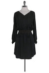 V-neck Ruched Animal Dots Print Silk Long Sleeves Elasticized Waistline Contrast Trim Above the Knee Dress