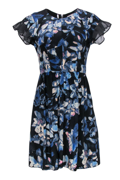 A-line Floral Print Flutter Short Sleeves Sleeves Round Neck Spring Silk Dress