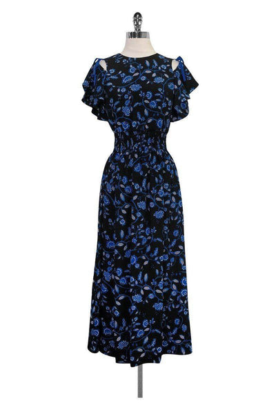 Round Neck Elasticized Waistline Flutter Sleeves Floral Print Ruched Drawstring Keyhole Silk Dress