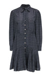 Long Sleeves Polka Dots Print Button Front Belted Vintage Short Elasticized Waistline Silk Shirt Dress With a Bow(s)