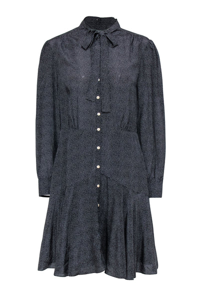 Polka Dots Print Vintage Button Front Belted Short Silk Elasticized Waistline Long Sleeves Shirt Dress With a Bow(s)
