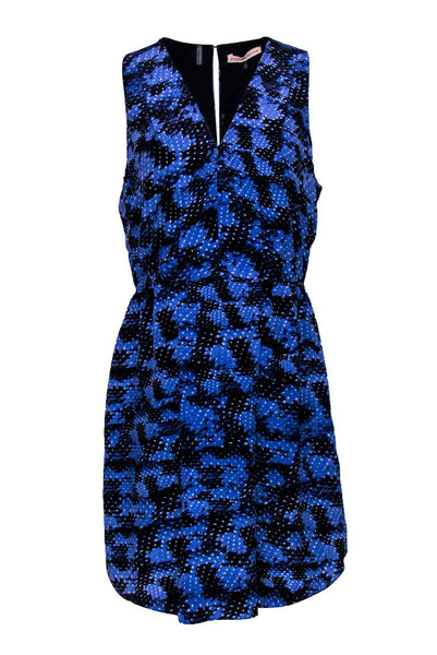 V-neck Abstract Print Sleeveless Sheath Hidden Back Zipper Pleated Cutout Fitted Sheath Dress