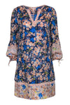 V-neck Puff Sleeves Sleeves Summer Shift Silk Floral Print Crinkled Dress