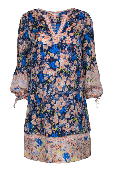 V-neck Floral Print Puff Sleeves Sleeves Shift Crinkled Summer Silk Dress