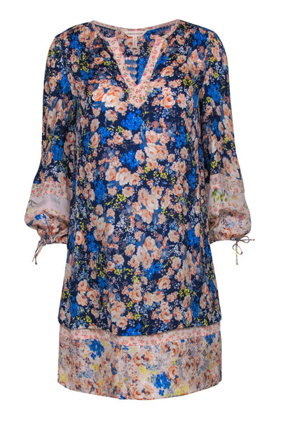 V-neck Puff Sleeves Sleeves Shift Summer Crinkled Floral Print Silk Dress