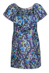 Abstract Print Silk V Back Keyhole Dress With Ruffles