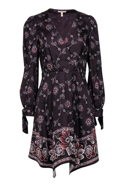V-neck Hidden Side Zipper Snap Closure Fitted Fit-and-Flare Cocktail Long Sleeves Floral Print Dress