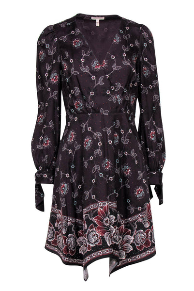 V-neck Cocktail Long Sleeves Floral Print Fit-and-Flare Hidden Side Zipper Snap Closure Fitted Dress