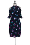 Fitted Hidden Back Zipper Cutout Short High-Neck Bell Sleeves Floral Print Dress