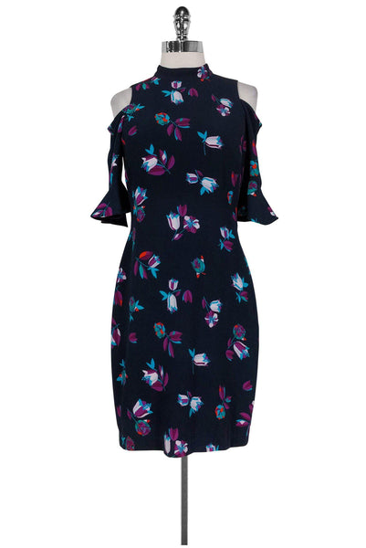 Bell Sleeves Floral Print High-Neck Short Fitted Cutout Hidden Back Zipper Dress