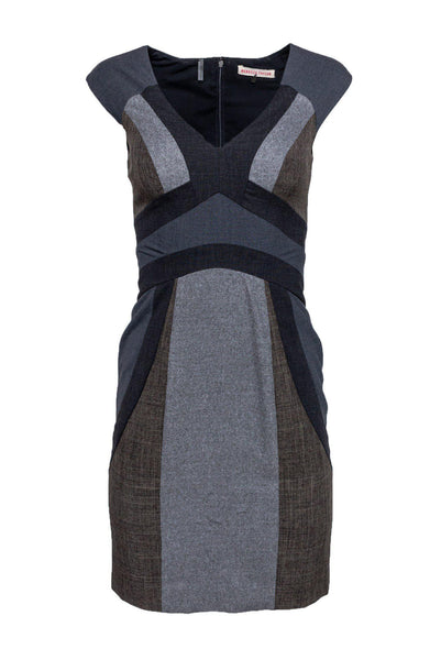 Plunging Neck Sheath Fitted Colorblocking Sheath Dress