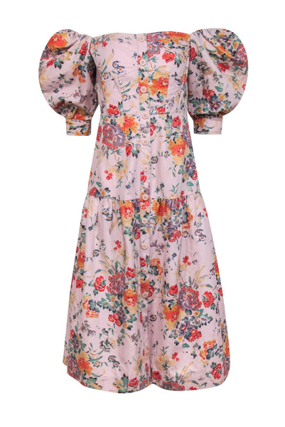 Puff Sleeves Sleeves Off the Shoulder Button Front Fitted Floral Print Maxi Dress