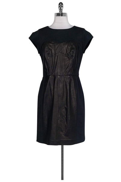 Round Neck Back Zipper Cap Sleeves Above the Knee Leather Trim Dress