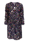 Floral Print 3/4 Sleeves Silk Shift Drawstring Dress