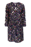 Floral Print Drawstring 3/4 Sleeves Shift Silk Dress