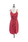 Pocketed Gathered General Print Silk Sleeveless Dress With Ruffles