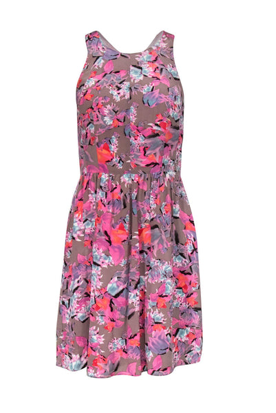 Silk Fitted Floral Print Round Neck Dress