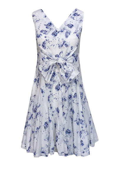 V-neck Pleated Belted Floral Print Cotton Dress