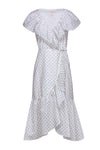 A-line V-neck Polka Dots Print Flowy Embroidered Button Front Short Sleeves Sleeves Dress With Ruffles
