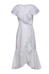 A-line V-neck Short Sleeves Sleeves Button Front Flowy Embroidered Polka Dots Print Dress With Ruffles