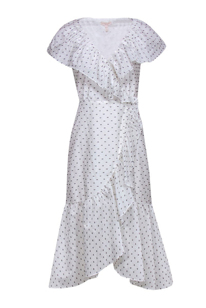 A-line V-neck Short Sleeves Sleeves Polka Dots Print Button Front Embroidered Flowy Dress With Ruffles