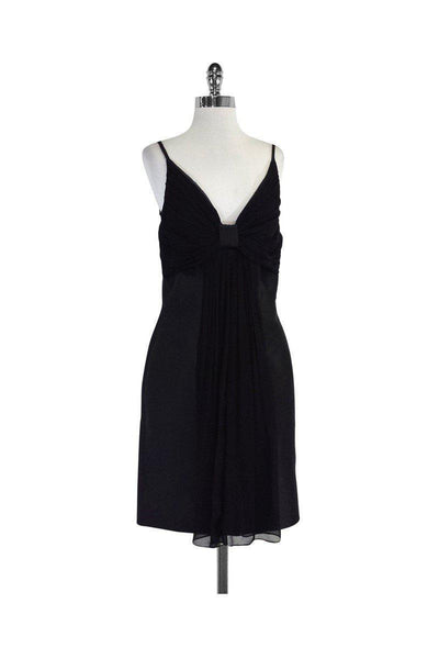 Gathered V Back Pleated Hidden Back Zipper Spaghetti Strap Dress With a Bow(s)