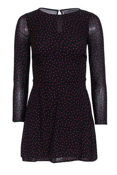 A-line Viscose Round Neck Long Sleeves Fitted Keyhole Back Zipper Polka Dots Print Short Dress