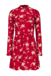 A-line Floral Print Long Sleeves Short Ruffle Trim Back Zipper Viscose Collared High-Neck Dress