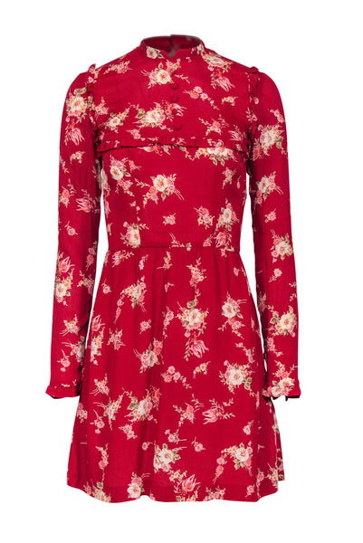 A-line Ruffle Trim Short Long Sleeves Collared High-Neck Floral Print Viscose Back Zipper Dress