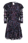 Floral Print Long Sleeves Short Viscose Pleated Button Closure Semi Sheer Keyhole Dress With Ruffles