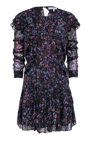 Short Long Sleeves Viscose Keyhole Button Closure Semi Sheer Pleated Floral Print Dress With Ruffles