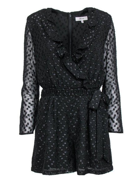 Tall V-neck Long Sleeves Hidden Back Zipper Polka Dots Print Little Black Dress/Romper With Ruffles