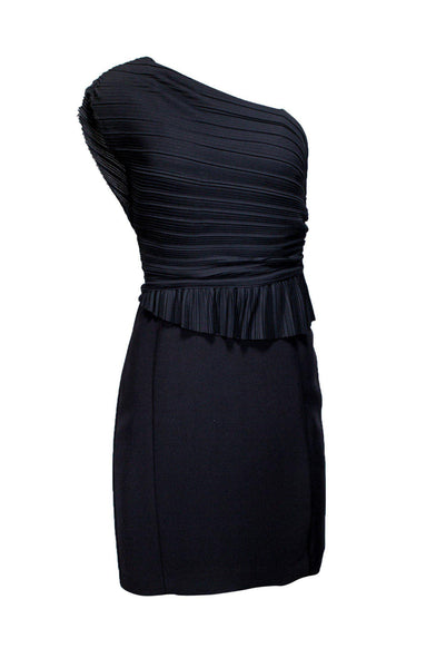 Polyester Asymmetric Pleated Hidden Side Zipper Peplum One Shoulder Little Black Dress/Party Dress