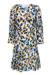 Round Neck Viscose Ruched Hidden Back Zipper Slit General Print Long Sleeves Dress