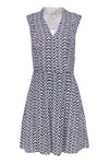 V-neck Fitted Hidden Side Zipper Cocktail Fit-and-Flare Abstract Zig Zag Print Spring Dress