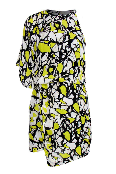 Round Neck Hidden Side Zipper Wrap Asymmetric One Shoulder Sleeveless Abstract Print Dress