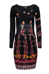 Square Neck Long Sleeves Floral Print Silk Fitted Dress