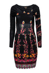 Silk Square Neck Long Sleeves Fitted Floral Print Dress