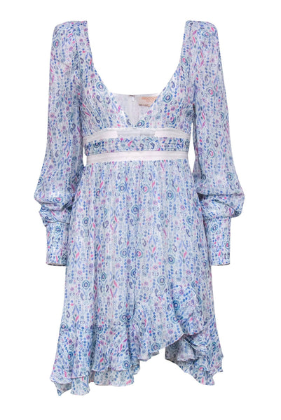Tall Plunging Neck Puff Sleeves Sleeves Glittering Fitted General Print Dress With Ruffles