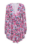 Puff Sleeves Sleeves Floral Print Polyester Pleated Fitted Plunging Neck Dress With Ruffles