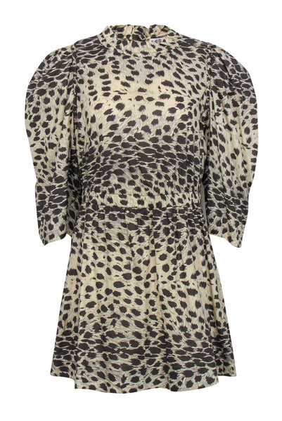 Animal Leopard Print Fitted Button Closure Cotton Fit-and-Flare Elasticized Waistline Long Puff Sleeves Sleeves Party Dress With Ruffles