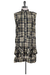 Collared Mock Neck Sleeveless Belted Snap Closure Slit Pocketed Plaid Print Shirt Dress