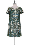 Slit Side Zipper Pocketed Paisley Print Shift Leather Short Sleeves Sleeves Round Neck Dress