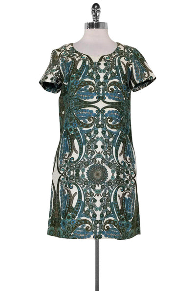 Slit Side Zipper Pocketed Leather Paisley Print Short Sleeves Sleeves Round Neck Shift Dress